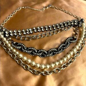 White House Black Market Silver and Black Multi-Strand Necklace with Pearls